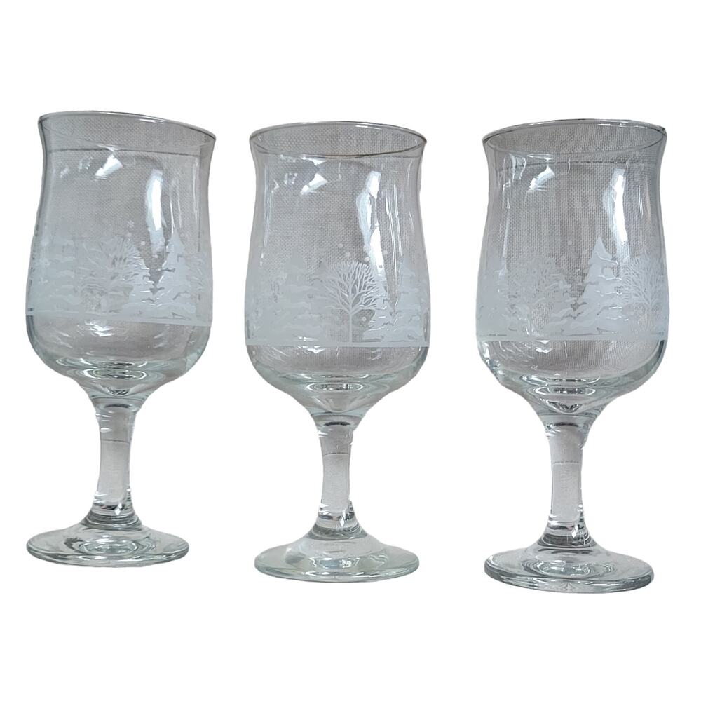 Vintage Christmas Wine Glasses Winter Wonderland Frosted Tulip Hand Blown Set 3